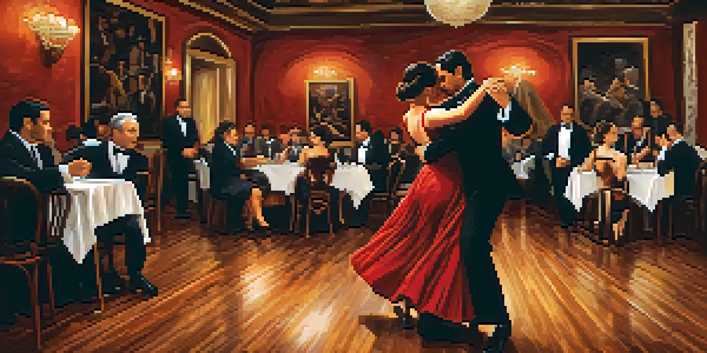 Couples dancing tango passionately in a traditional Buenos Aires milonga, with warm lighting and vintage decor.