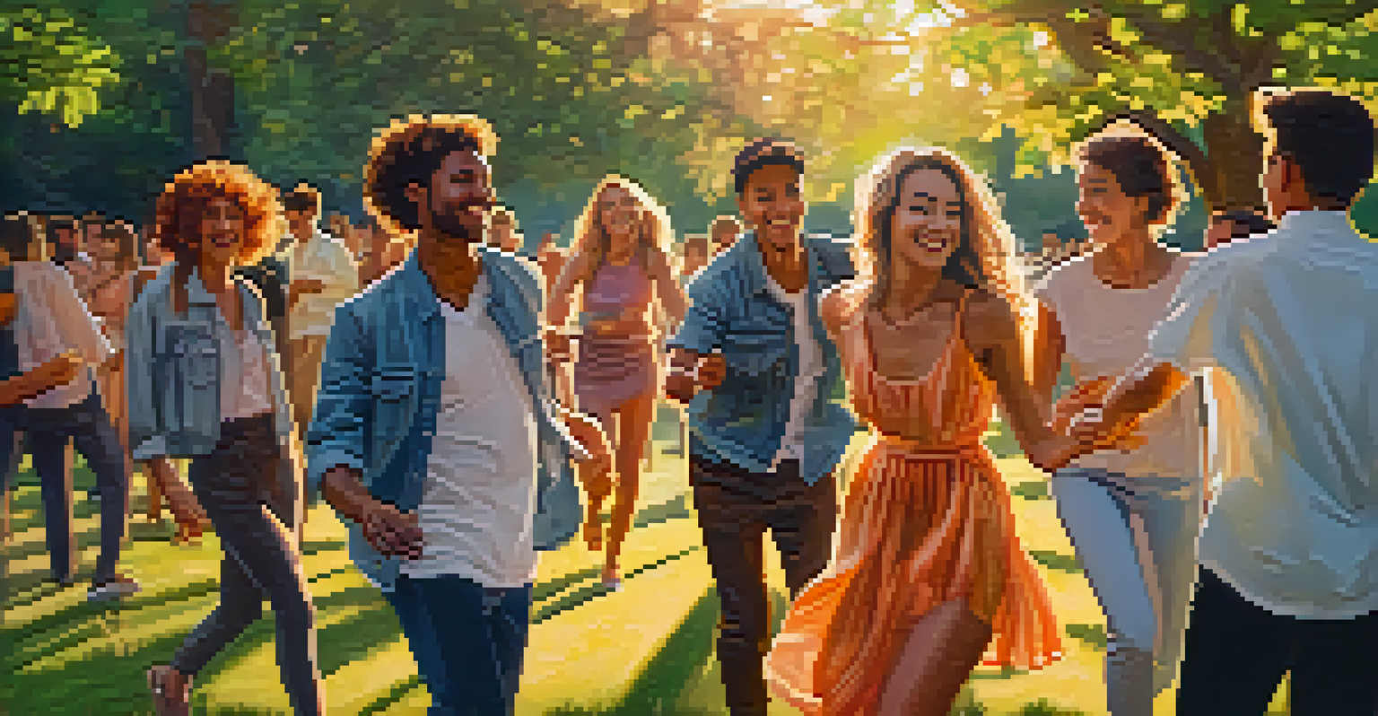 Friends dancing joyfully in a park at sunset, surrounded by nature and warm light.