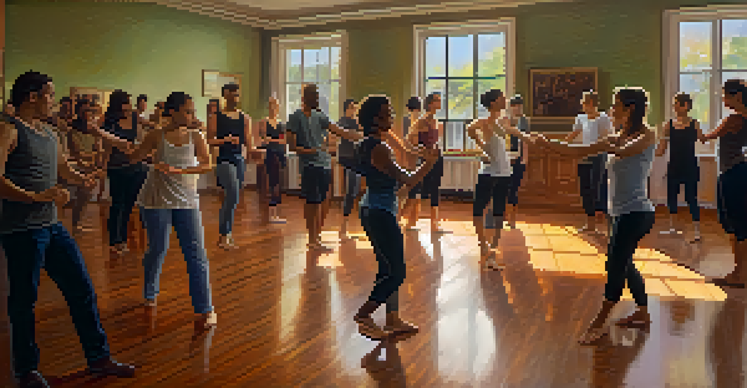 A diverse group of dancers participating in a fusion dance workshop, learning together in a warm, inviting studio.