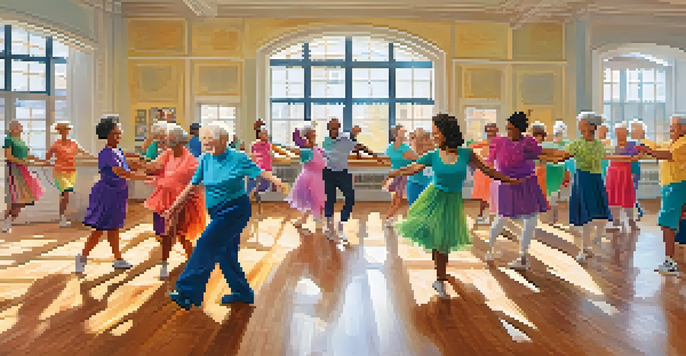 A lively dance class with seniors of different backgrounds enjoying their time dancing together in a bright studio.