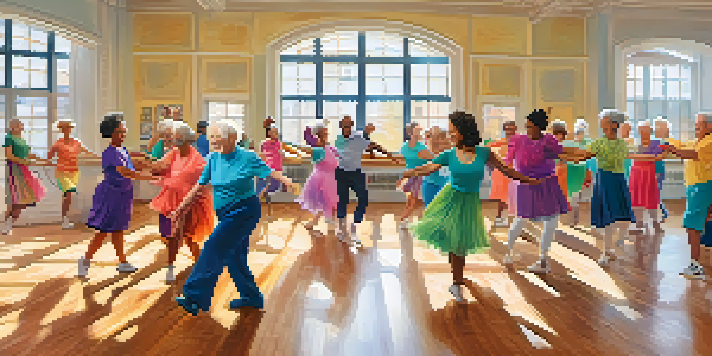 A lively dance class with seniors of different backgrounds enjoying their time dancing together in a bright studio.