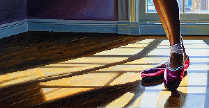 A close-up of a dancer's feet in colorful dance shoes on a wooden floor with sunlight streaming through a window.