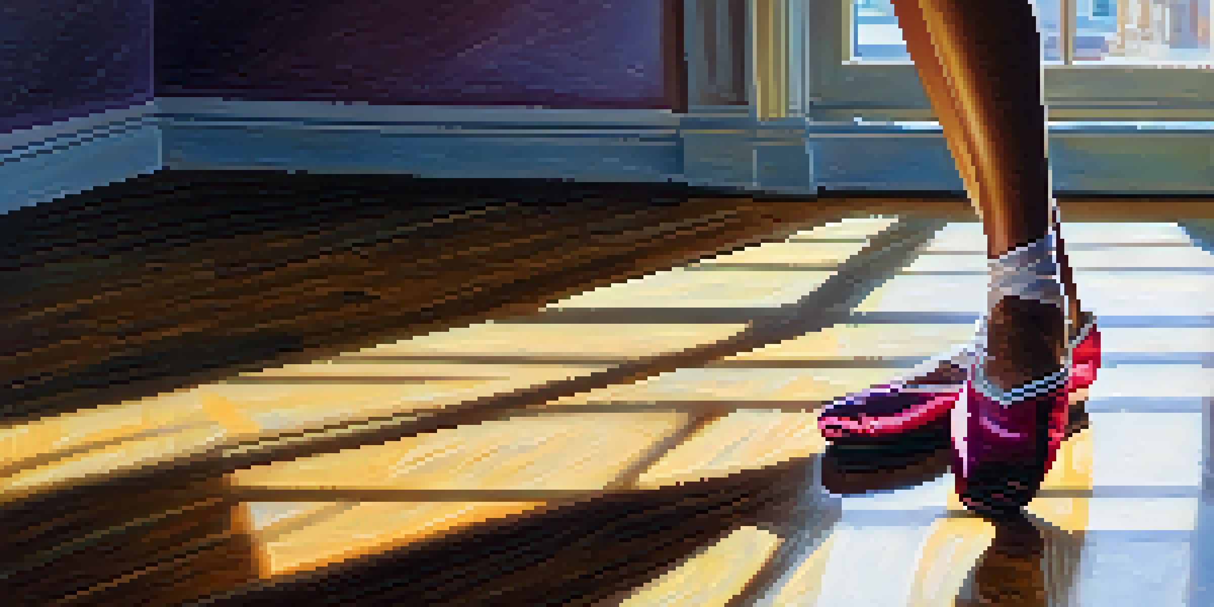 A close-up of a dancer's feet in colorful dance shoes on a wooden floor with sunlight streaming through a window.