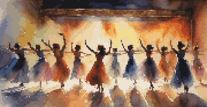 A group of dancers performing in a dimly lit theater with colorful lights, showcasing their intricate movements and vibrant costumes.