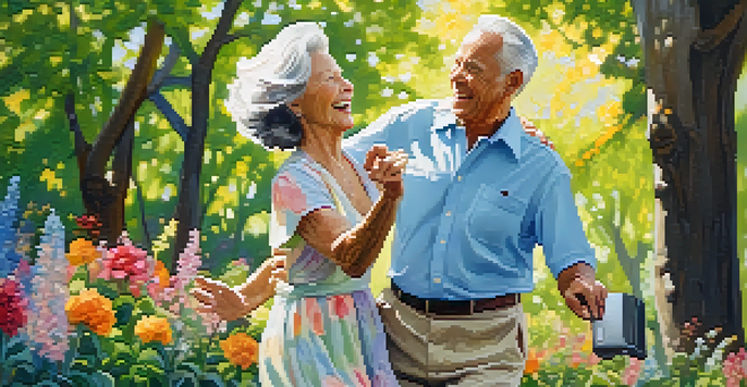 An elderly couple dancing in a bright park, surrounded by flowers and trees, looking happy and engaged.
