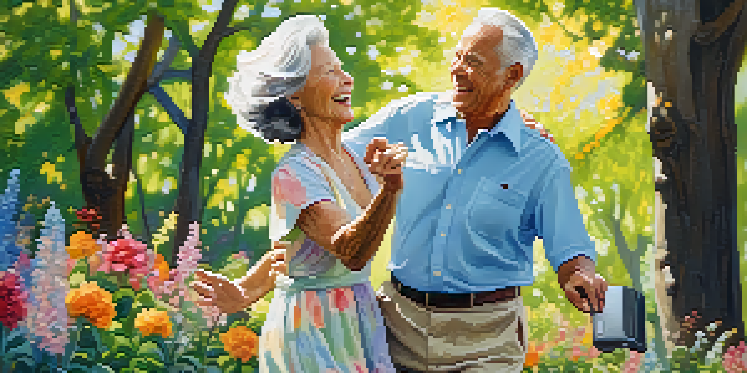 An elderly couple dancing in a bright park, surrounded by flowers and trees, looking happy and engaged.
