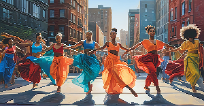 A group of diverse dancers performing contemporary dance in an urban environment with colorful costumes and graffiti in the background.