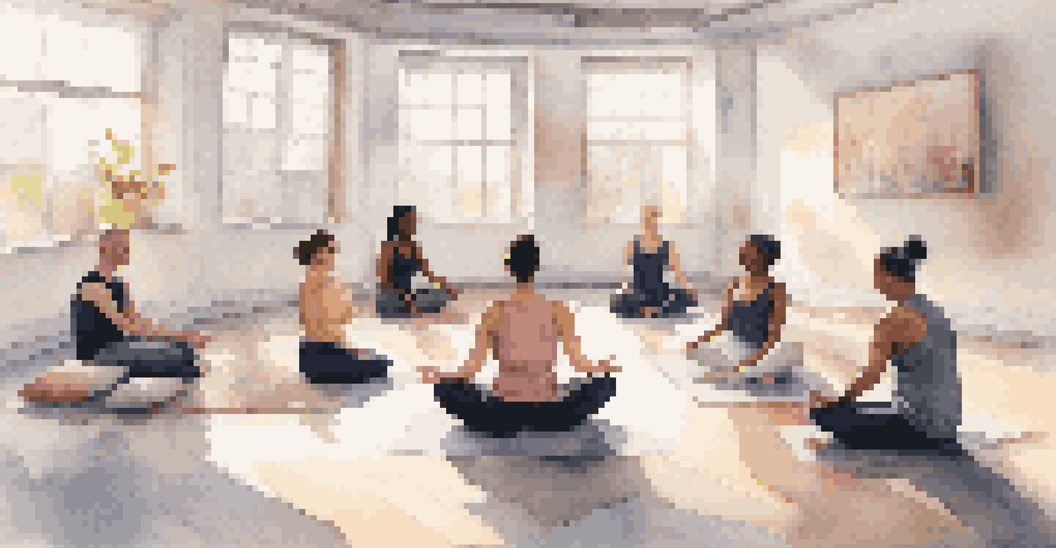 A peaceful scene of dancers sitting in a circle practicing mindfulness and meditation in a bright dance studio, emphasizing mental well-being.