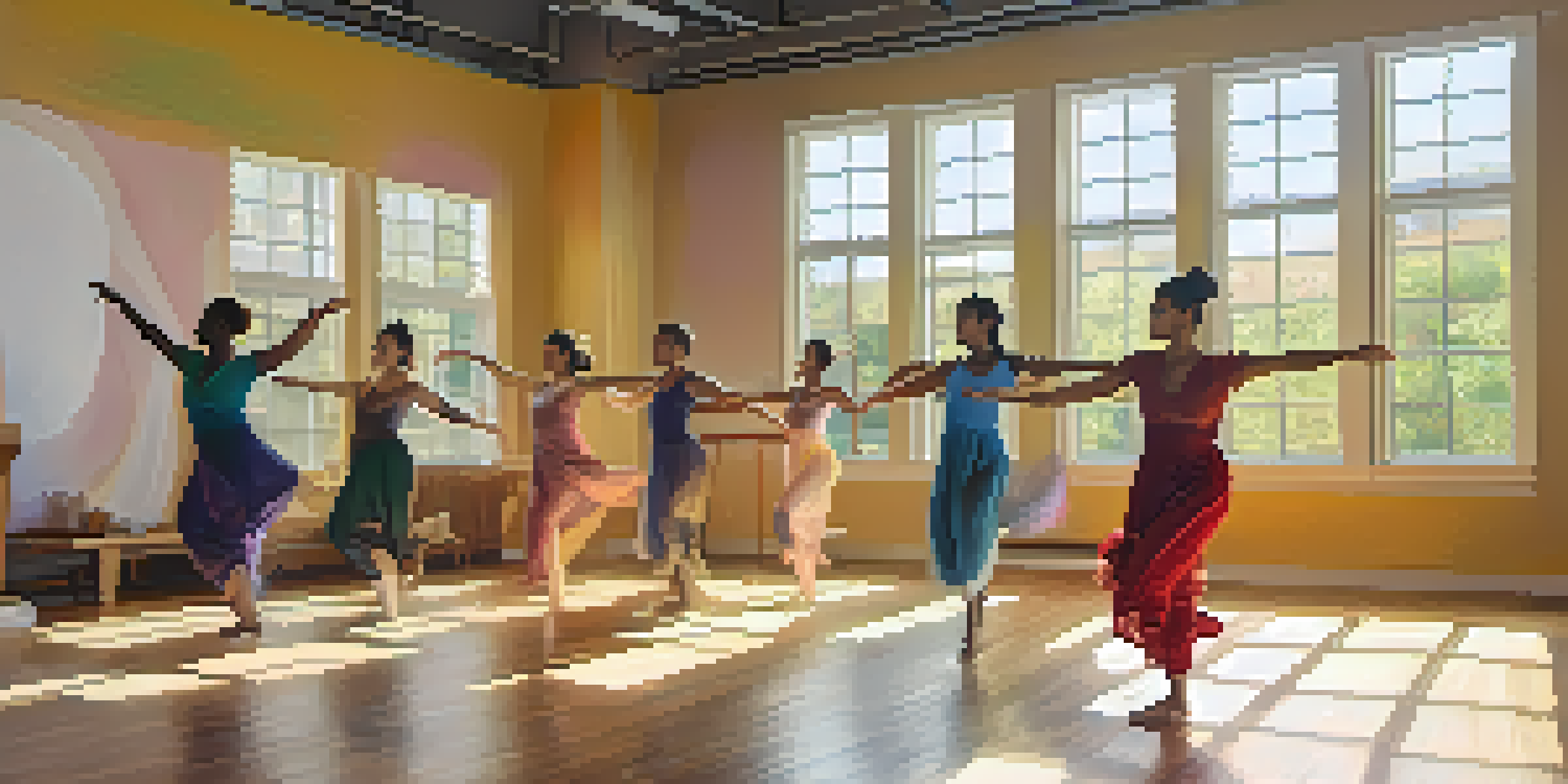 A group of diverse individuals engaged in a dance therapy session in a bright, sunlit studio, expressing emotions through movement.