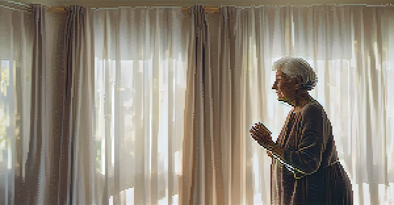 An elderly woman in a calming pose during a dance therapy session in a softly lit room.