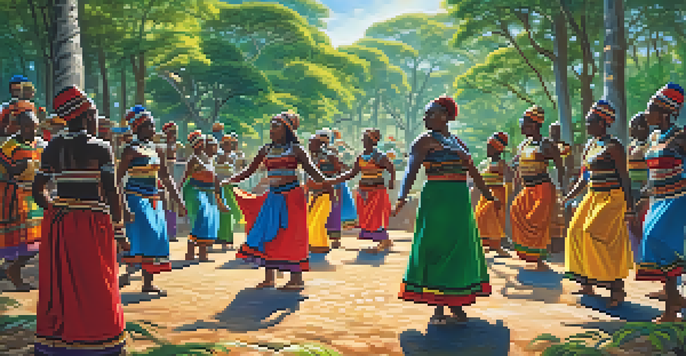 A group of diverse dancers performing in colorful traditional costumes during an African healing ceremony in a lush forest with sunlight filtering through the trees.
