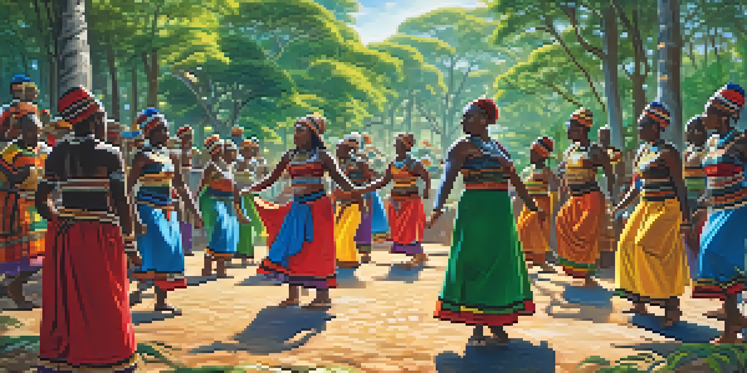 A group of diverse dancers performing in colorful traditional costumes during an African healing ceremony in a lush forest with sunlight filtering through the trees.
