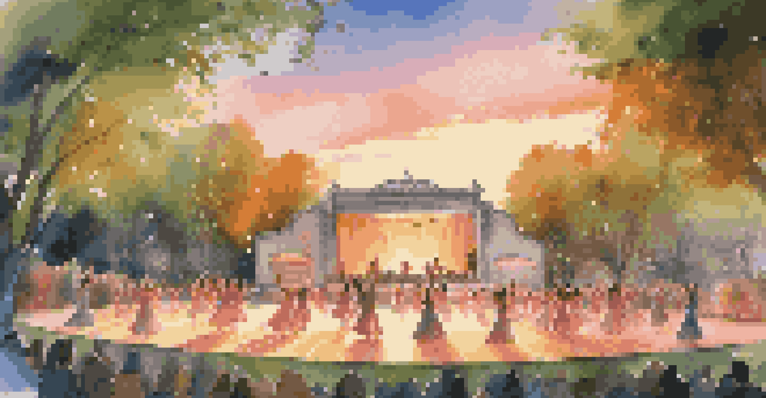 An outdoor performance at sunset with dancers showcasing traditional and modern styles, surrounded by an audience in a park.