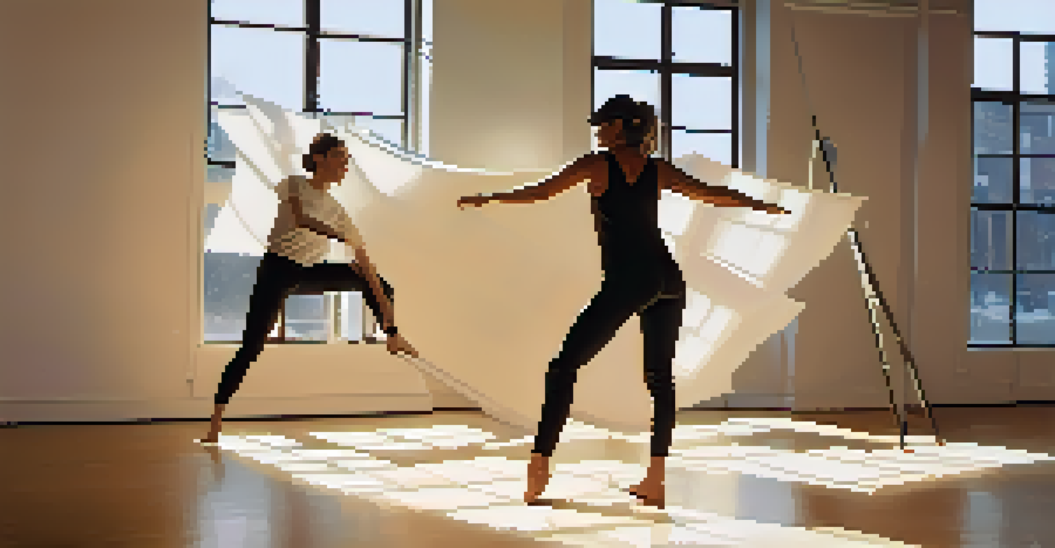 A choreographer demonstrating a dance move while a visual artist sketches in a sunlit studio.