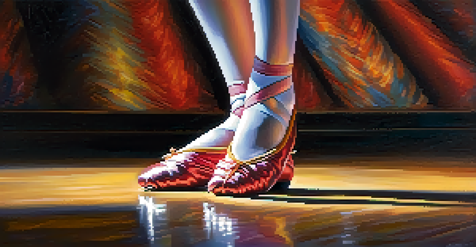 A close-up of a dancer's feet in colorful dance shoes performing on a polished stage with soft spotlights.