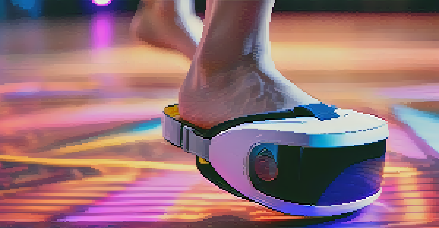 A close-up of a dancer's feet in motion in a virtual reality setting, highlighting the textured floor and glowing VR headset.