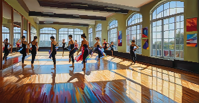 A bright and vibrant dance studio with diverse dancers practicing choreography in front of mirrors, illuminated by natural light.