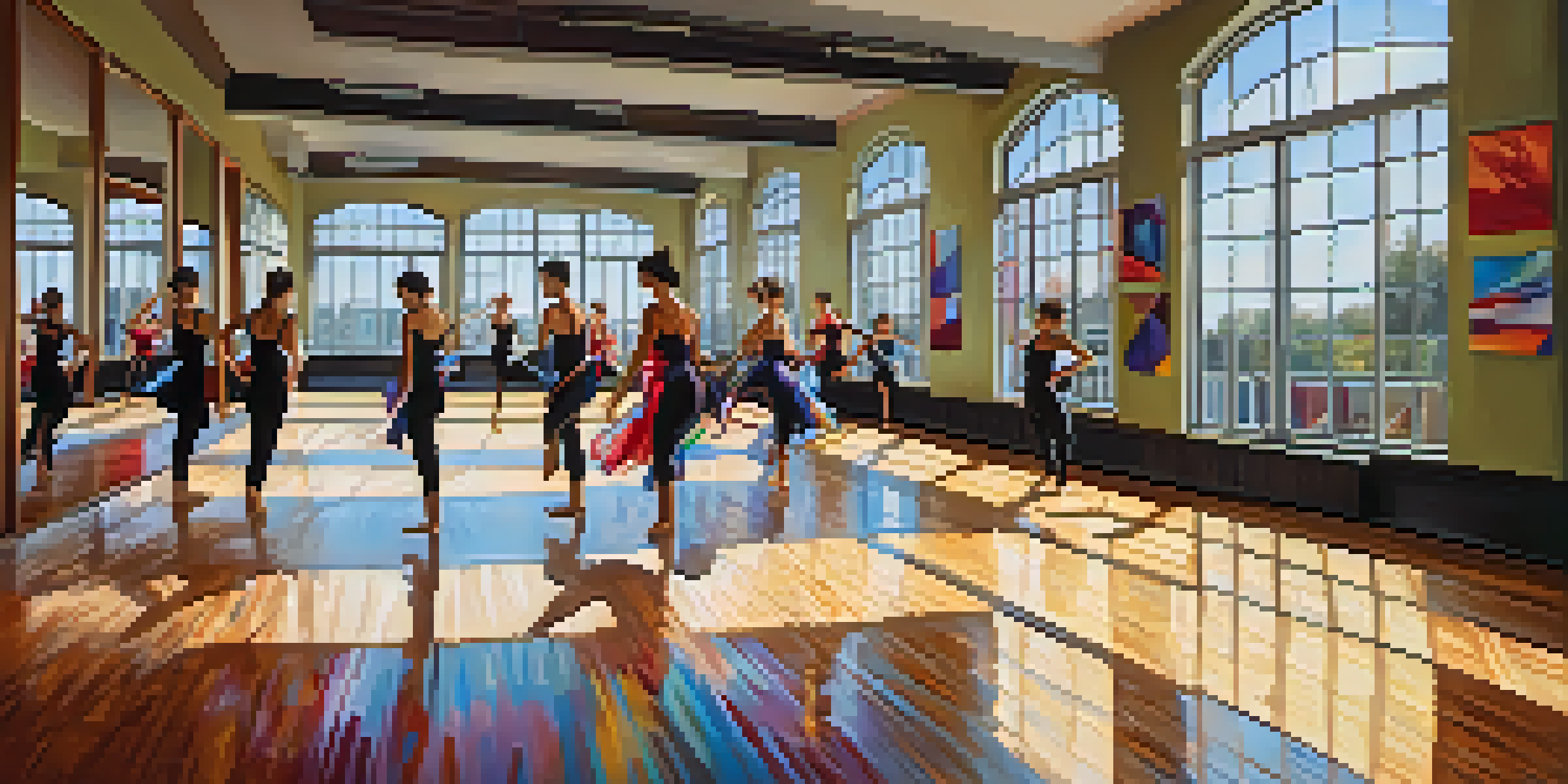 A bright and vibrant dance studio with diverse dancers practicing choreography in front of mirrors, illuminated by natural light.