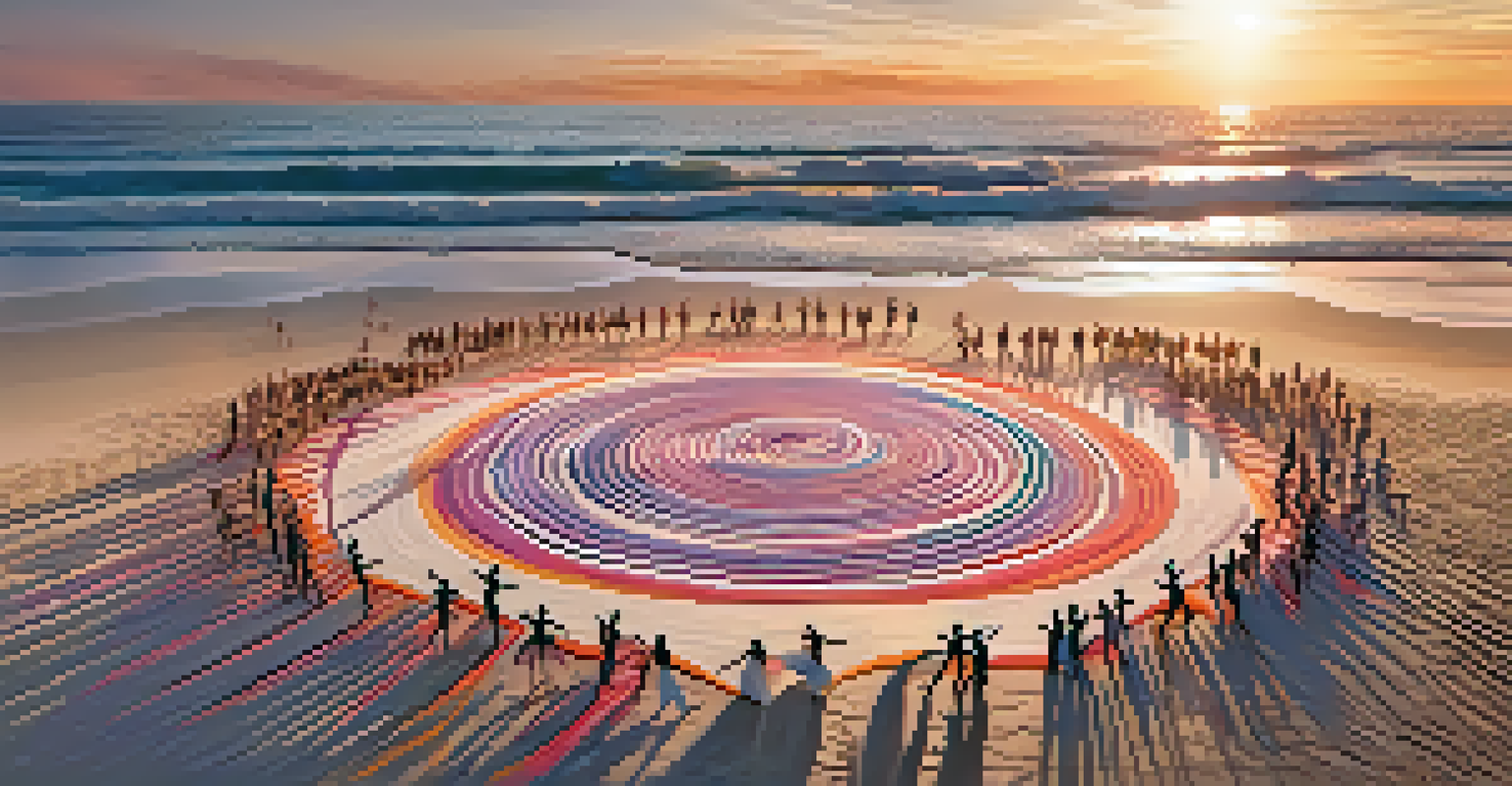 An aerial view of dancers creating wave patterns in the sand on a beach during sunset, showcasing the beauty of dance and nature.