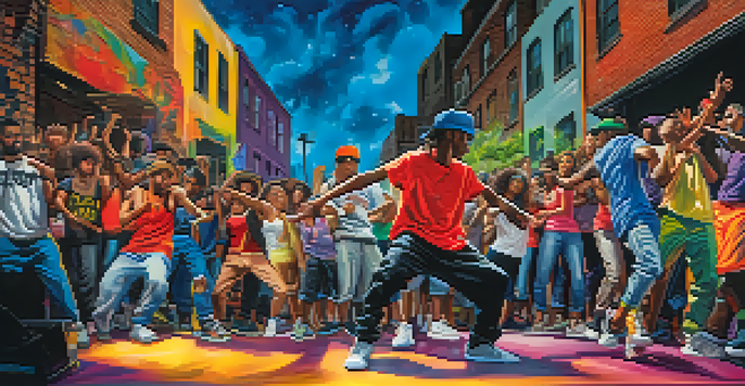 A lively hip hop dance battle in an urban environment with dancers in action and a colorful graffiti backdrop.
