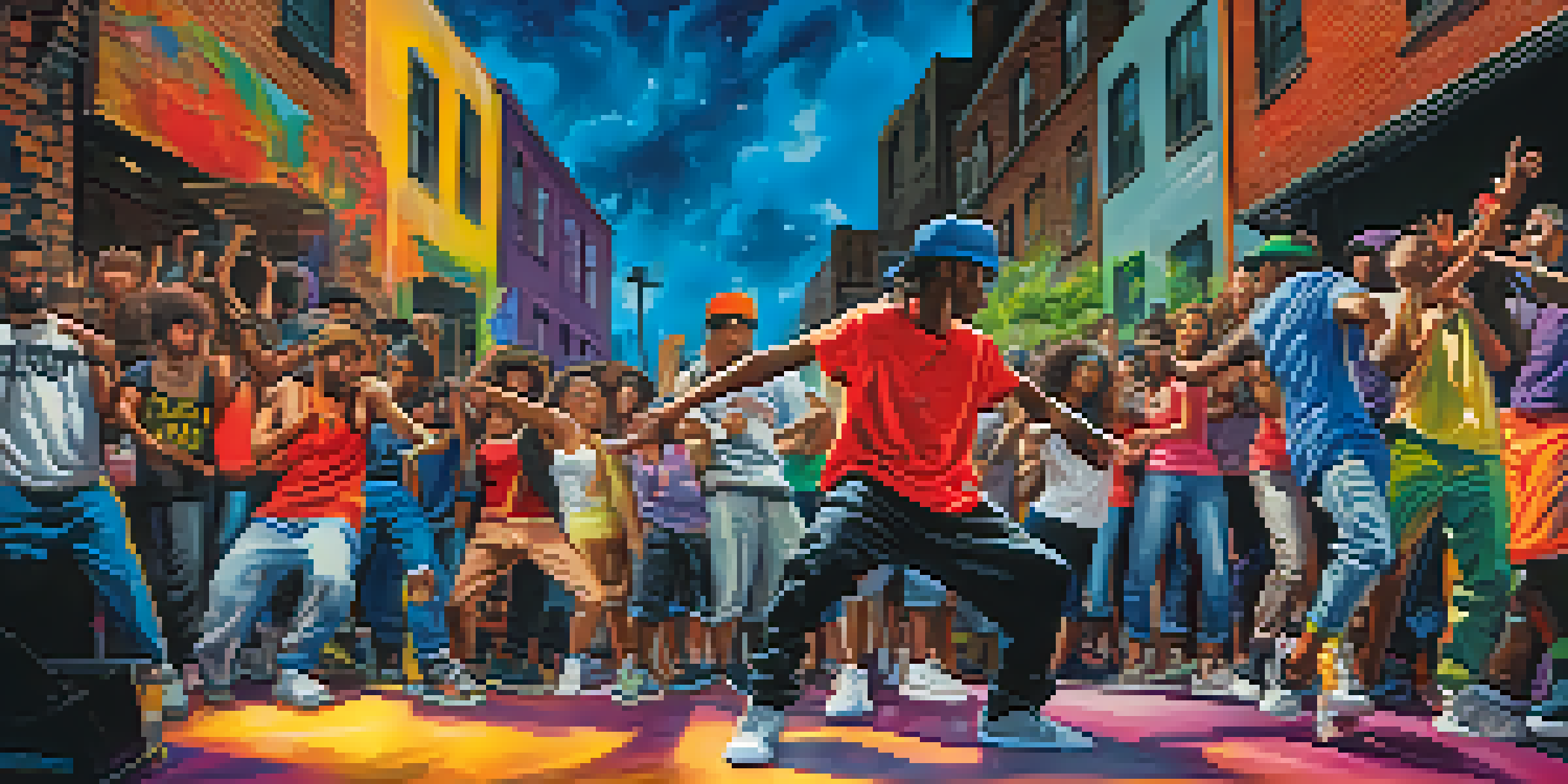 A lively hip hop dance battle in an urban environment with dancers in action and a colorful graffiti backdrop.