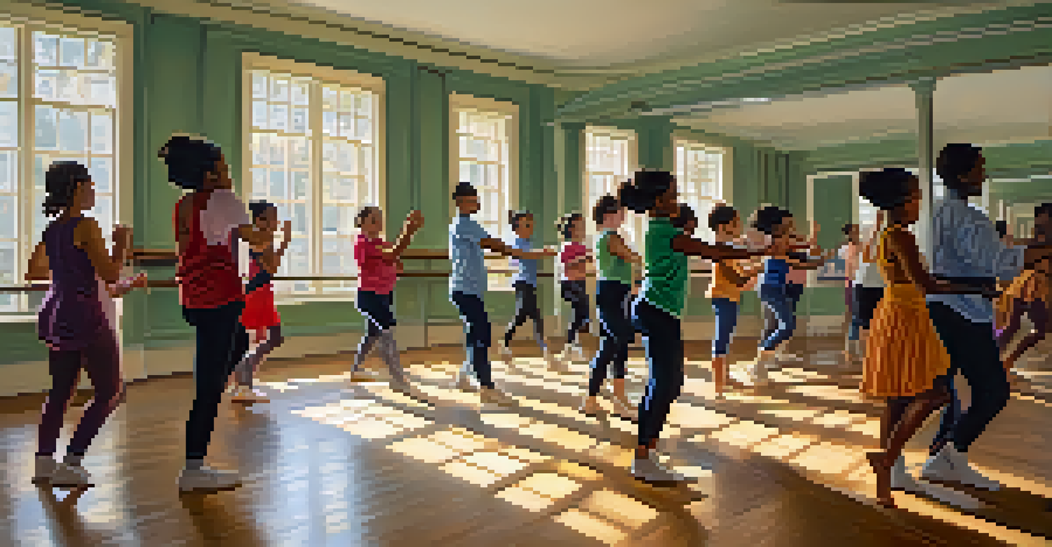 A dance class with diverse students learning a traditional dance from an enthusiastic instructor, surrounded by mirrors and natural light.