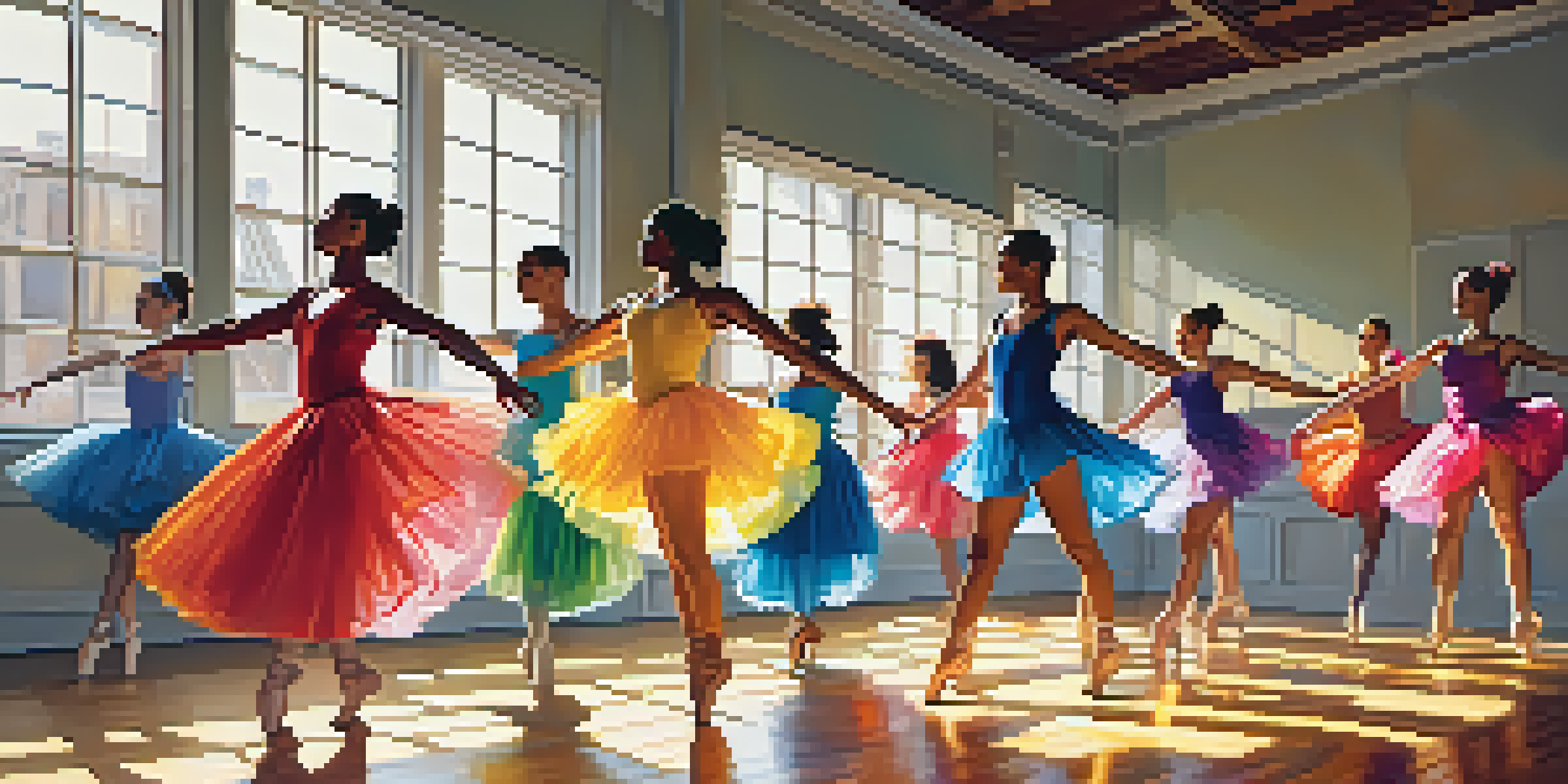 A lively dance performance taking place in a well-lit studio, with dancers in colorful outfits showcasing a blend of ballet and hip-hop styles.