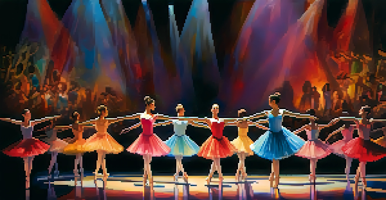 A contemporary theater stage with diverse dancers performing ballet in colorful costumes, illuminated by dynamic lighting.