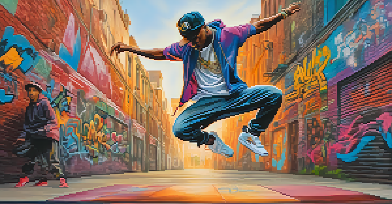 A hip-hop dancer in colorful streetwear performing an energetic move against a graffiti-covered wall.
