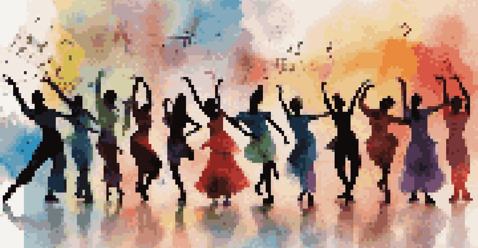 A digital collage of silhouettes of dancers in motion, set against a backdrop of cultural symbols and vibrant patterns, celebrating cultural exchange through dance.