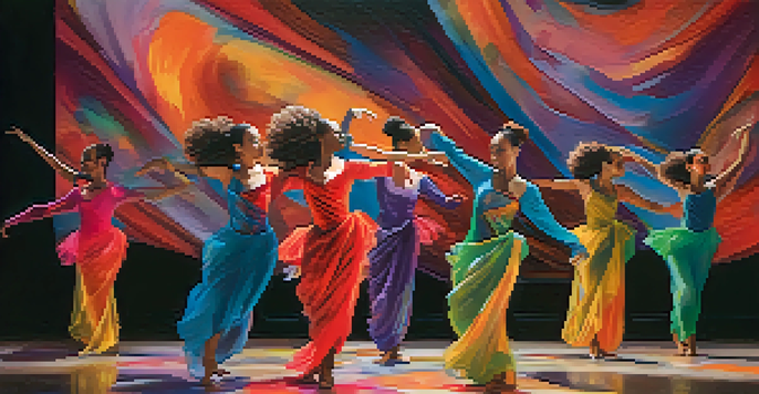 A group of diverse dancers performing contemporary dance on stage with colorful projections in the background.