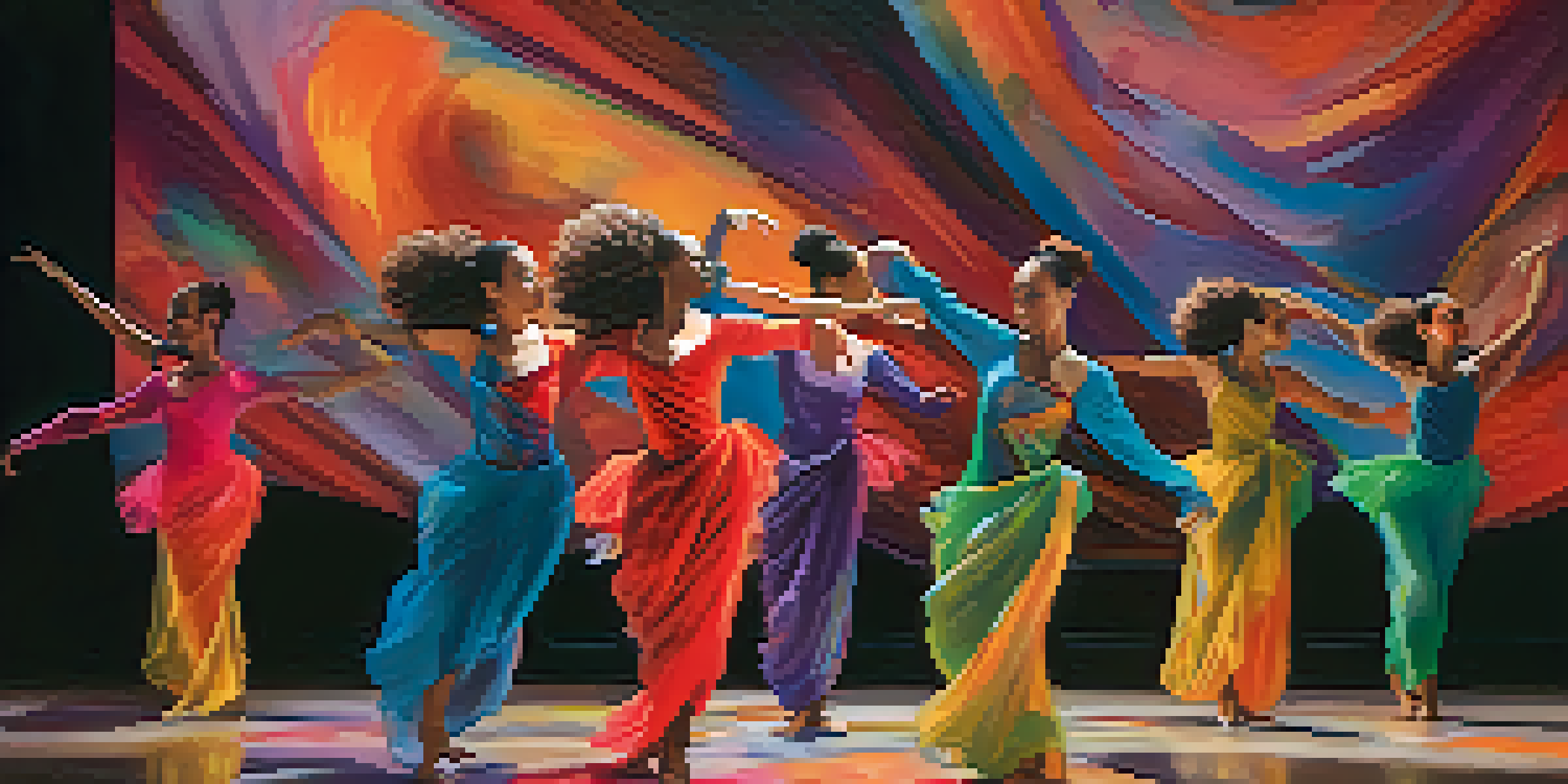 A group of diverse dancers performing contemporary dance on stage with colorful projections in the background.