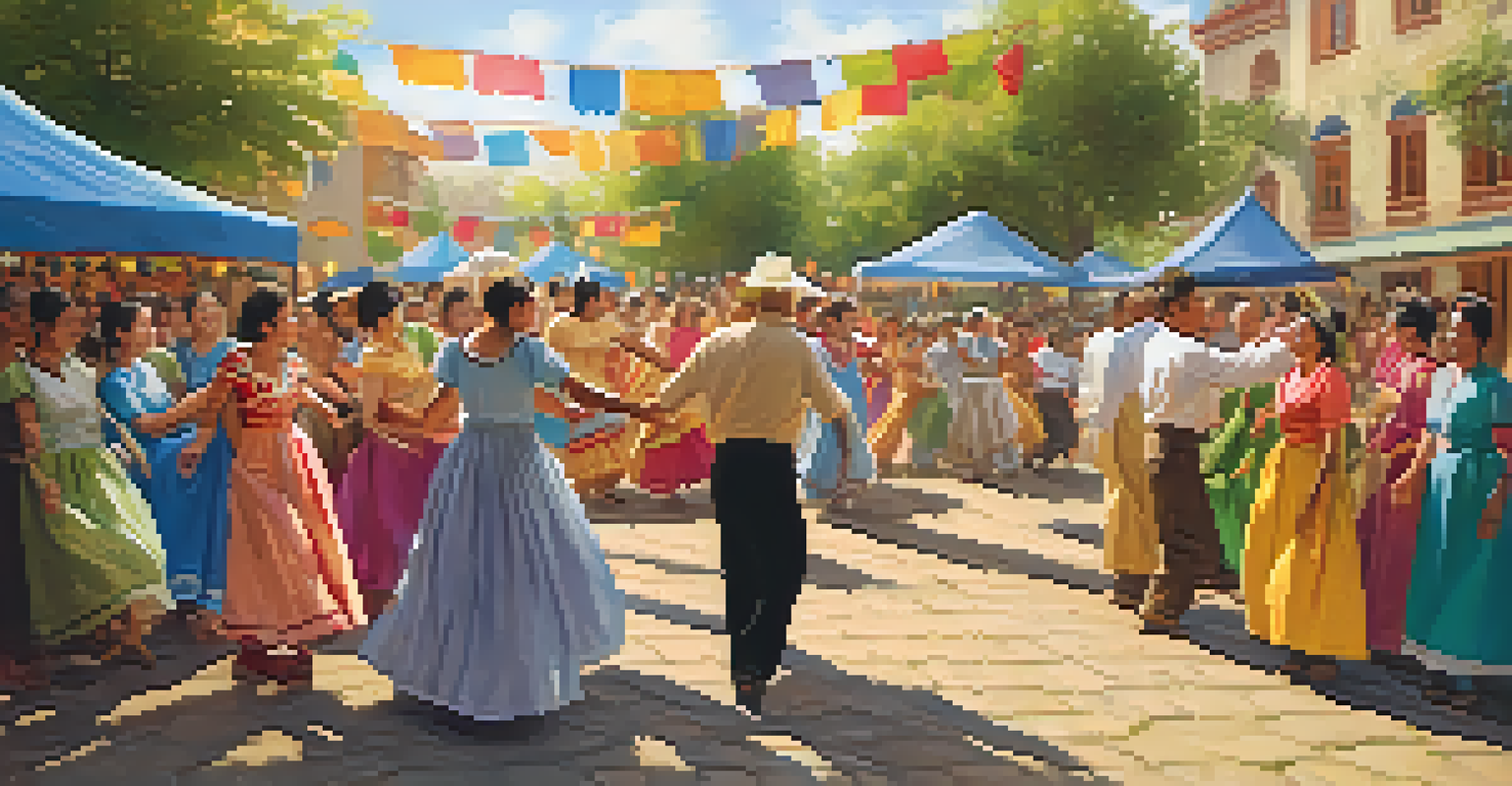 A diverse group of people of all ages joyfully participating in a traditional folk dance in a sunny outdoor setting.