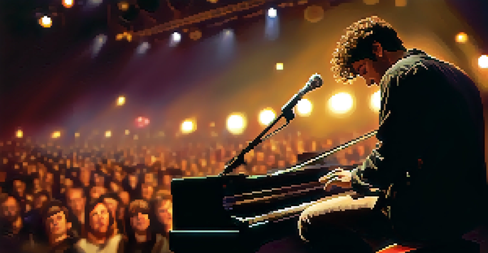 A musician on stage, eyes closed, envisioning their performance in a softly lit environment, with a blurred audience in the background.