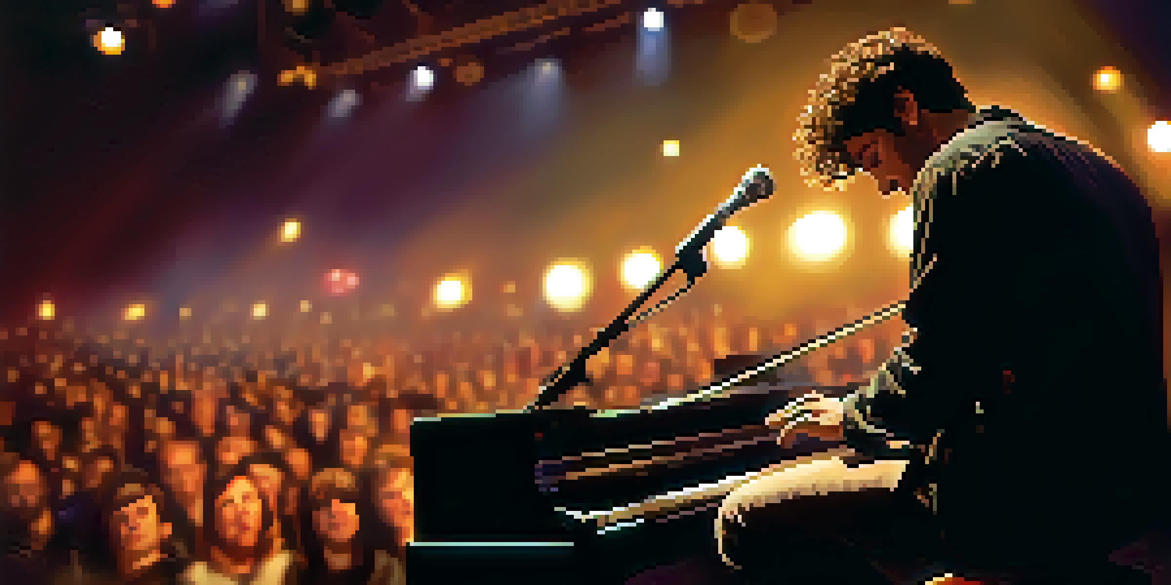 A musician on stage, eyes closed, envisioning their performance in a softly lit environment, with a blurred audience in the background.