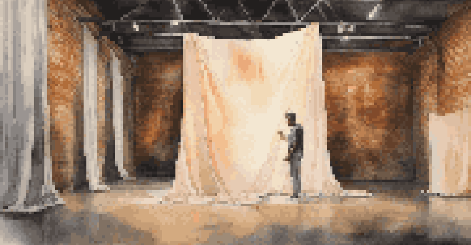 A performer engaging with fabric drapes in a dimly lit abandoned warehouse, illuminated by soft ambient light.
