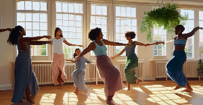 A diverse group of individuals participating in a dance therapy session in a sunlit room filled with plants and soft fabrics, showcasing joy and connection.