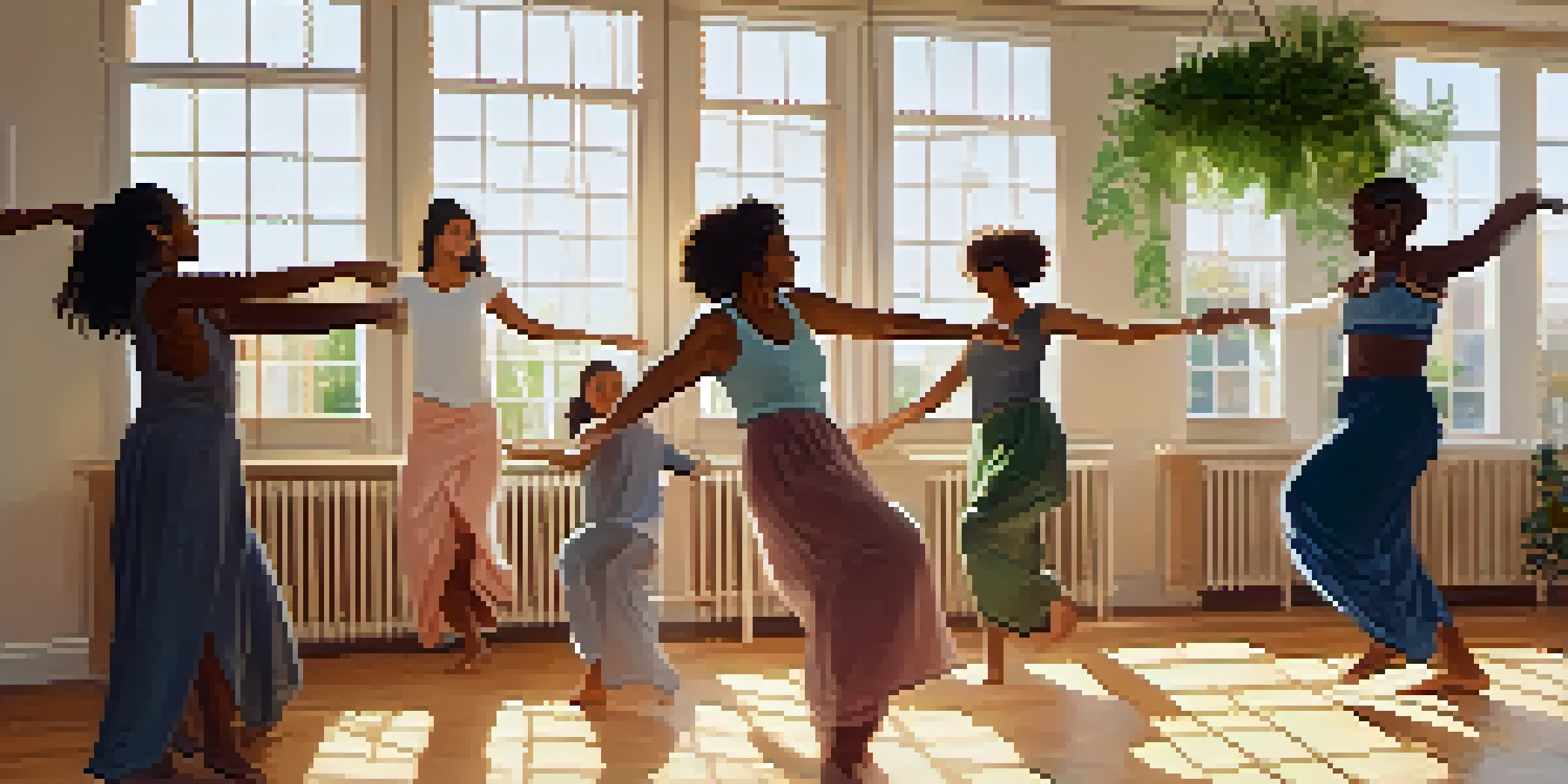 A diverse group of individuals participating in a dance therapy session in a sunlit room filled with plants and soft fabrics, showcasing joy and connection.