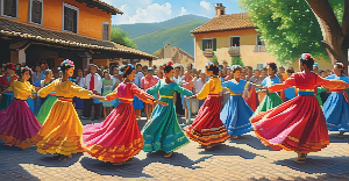 A group of dancers in colorful costumes performing a traditional folk dance in a village square, surrounded by greenery and spectators.