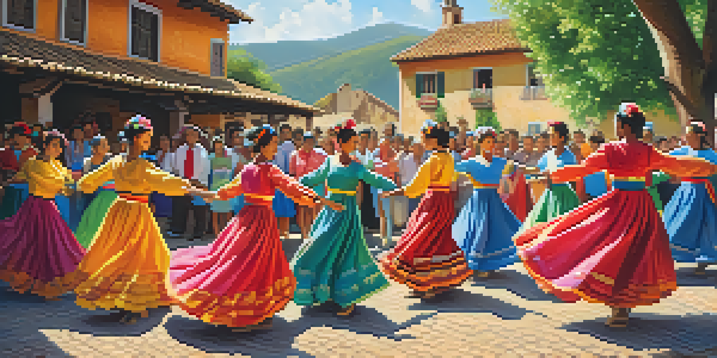 A group of dancers in colorful costumes performing a traditional folk dance in a village square, surrounded by greenery and spectators.
