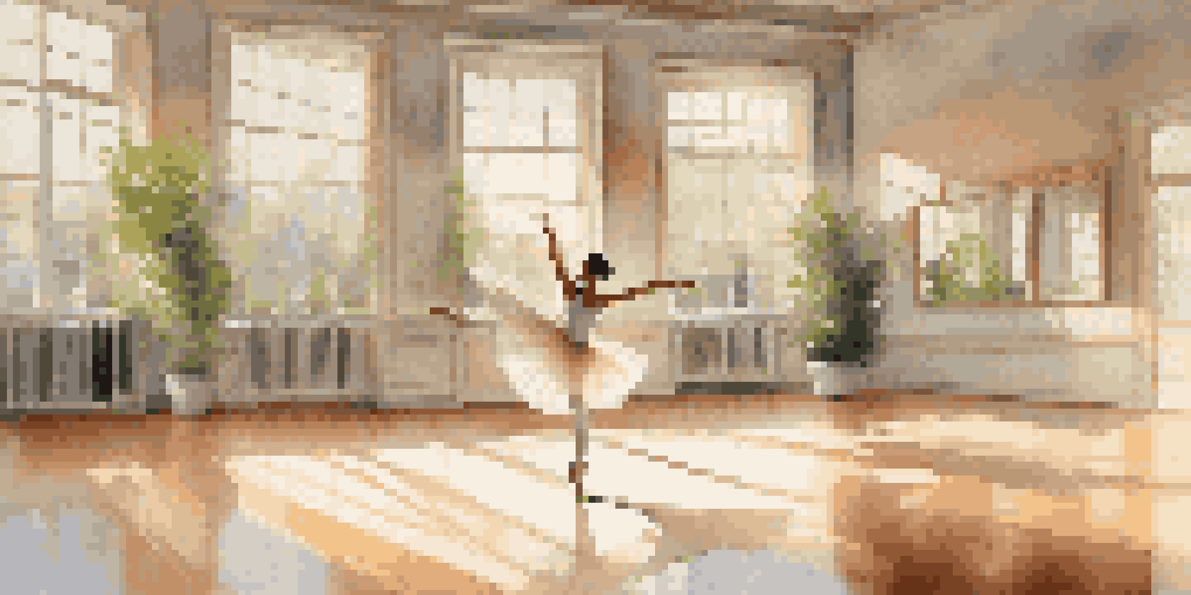 A ballet dancer performing an arabesque in a bright dance studio with wooden floors and large windows.