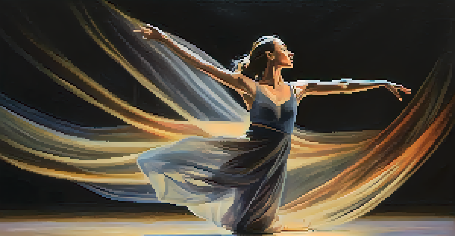 A dancer on stage performing a dramatic piece, with expressive movement and dynamic lighting enhancing the emotional impact.