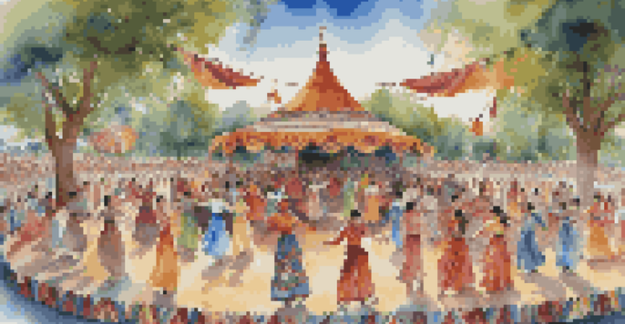 A lively outdoor dance festival with dancers in colorful traditional costumes, surrounded by an engaged audience and nature.