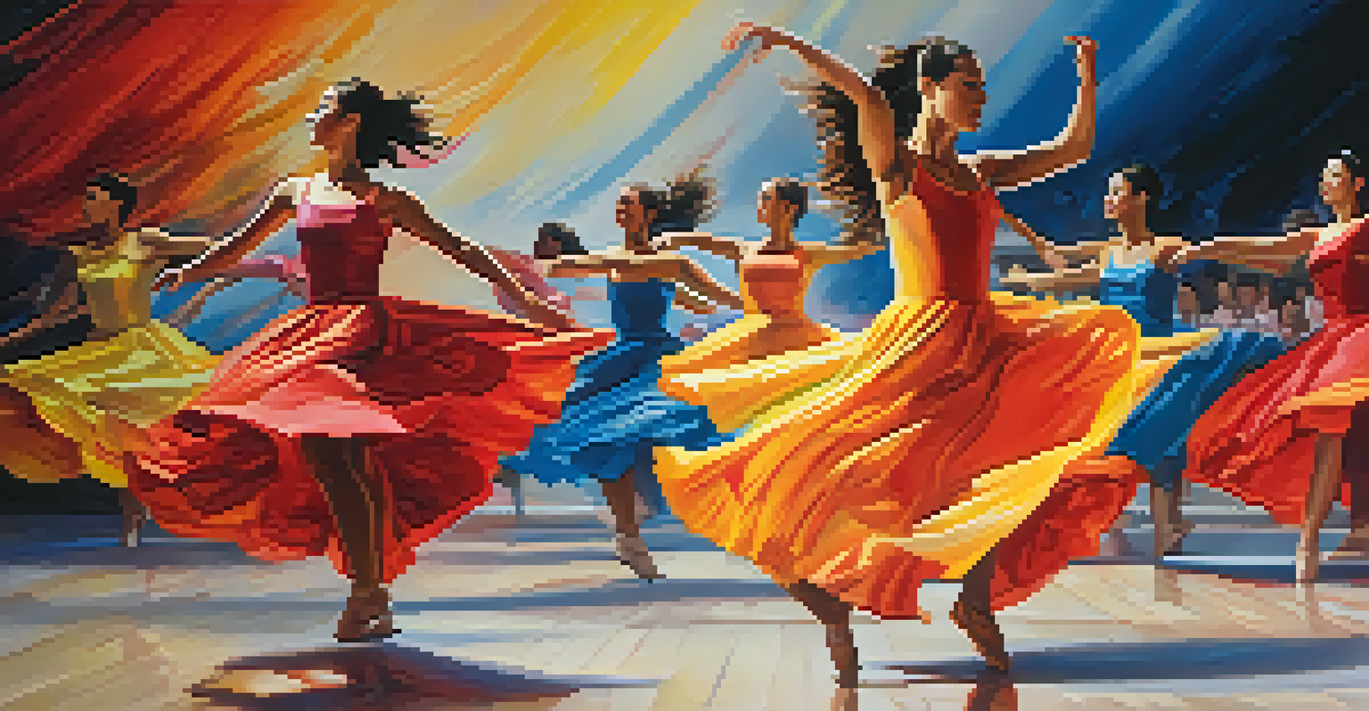 Dancers in motion expressing emotions, with vibrant colors and light in the background, showcasing their costumes.