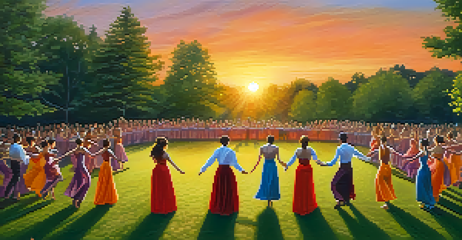 Dancers performing in colorful costumes outdoors during sunset, with an engaged audience.