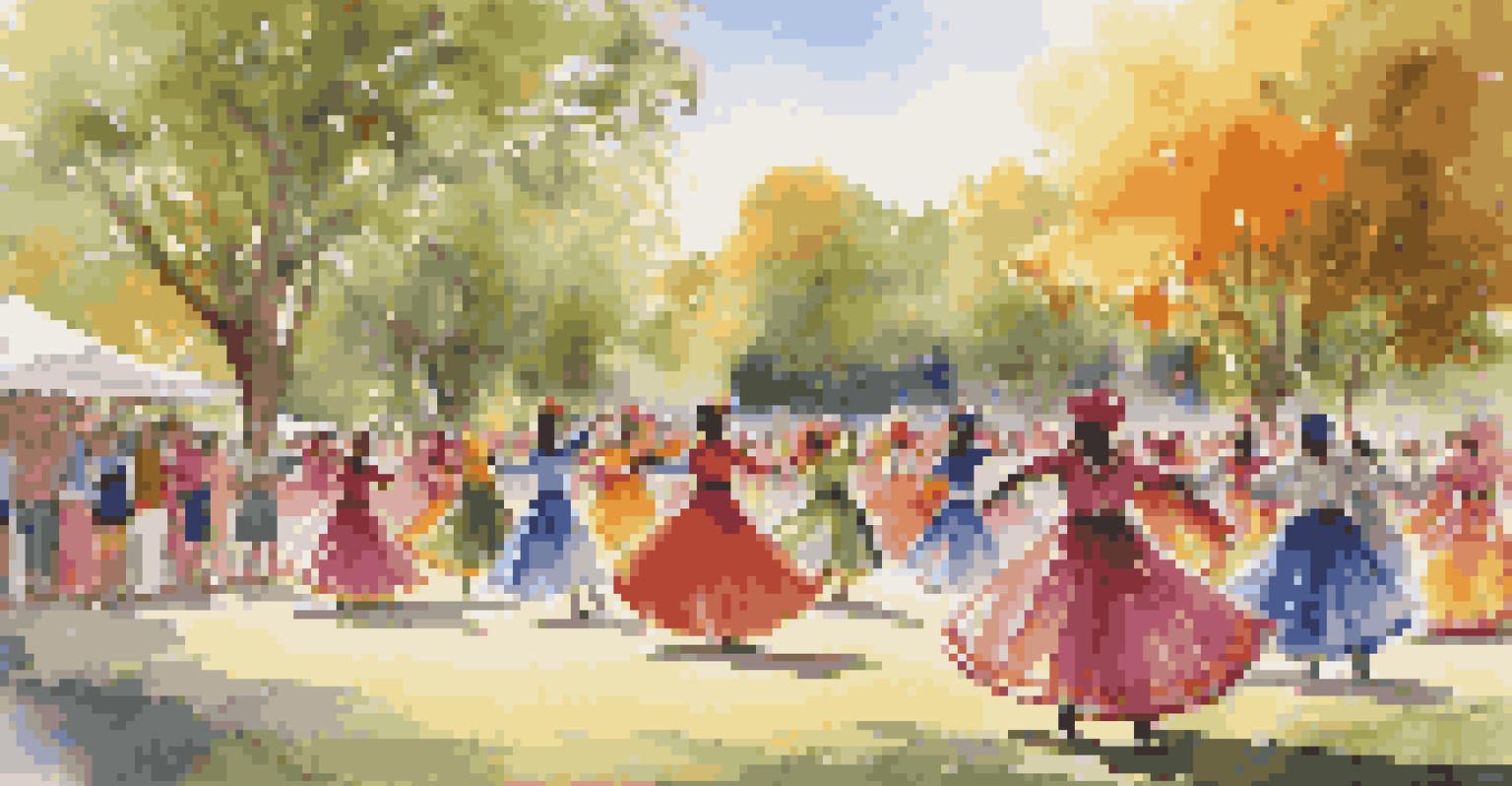 A community outdoor dance event with dancers in traditional costumes performing in a sunny park, surrounded by families watching.