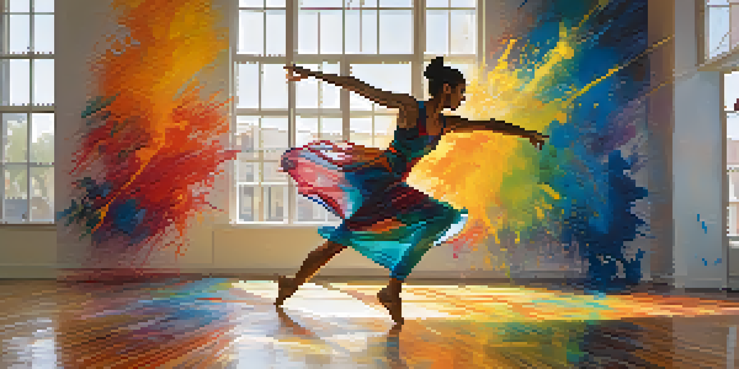 A dancer performs in an art gallery, interpreting an abstract painting with vibrant colors and soft natural light.