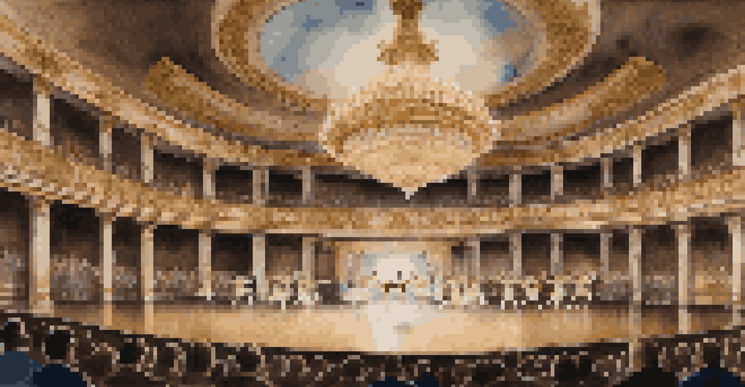 A historical ballet performance in an ornate theater with dancers in classical costumes.