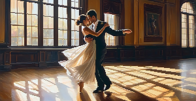 A couple dancing in a sunlit ballroom, showcasing their elegant attire and joyful expressions.