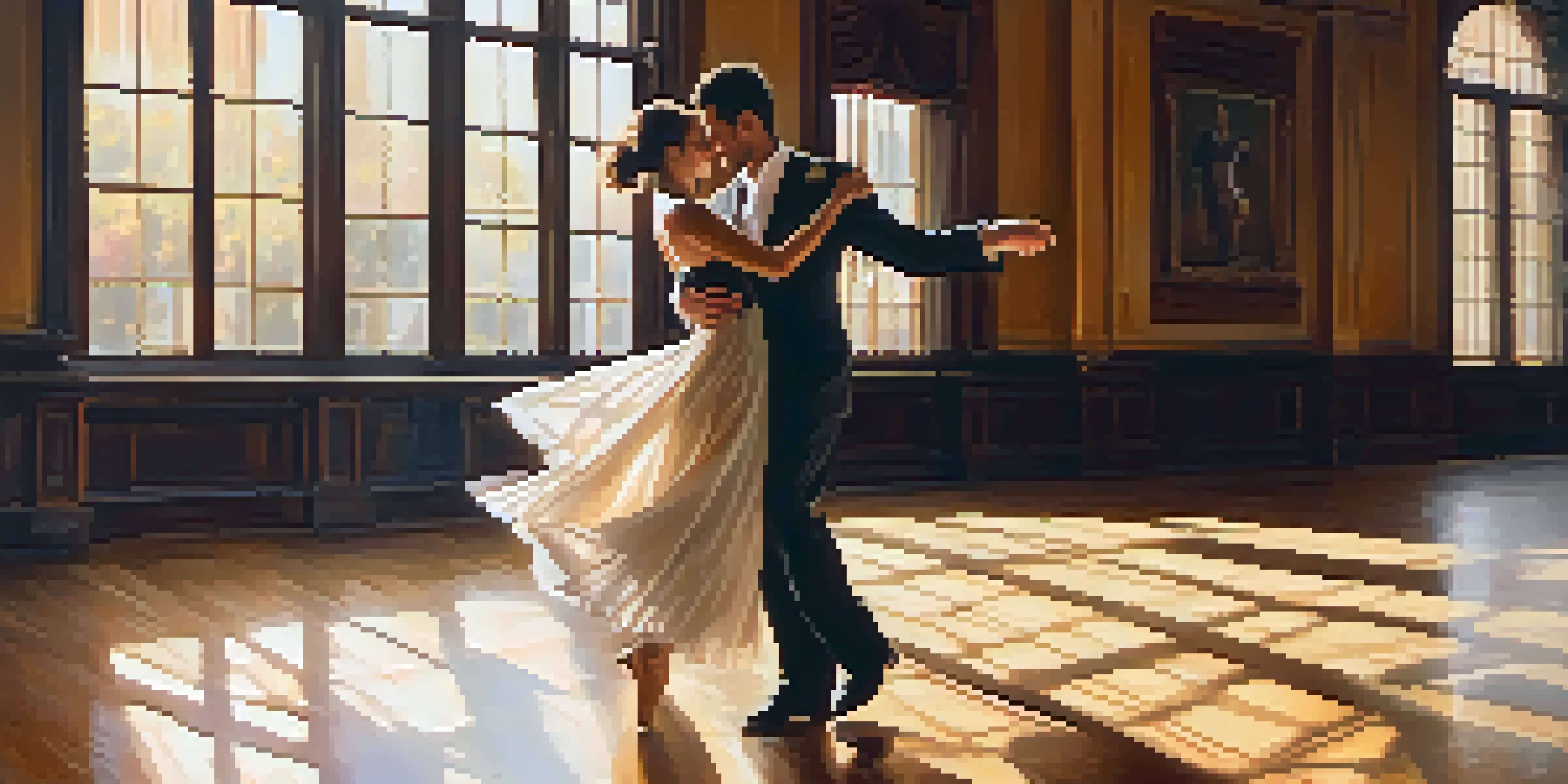 A couple dancing in a sunlit ballroom, showcasing their elegant attire and joyful expressions.